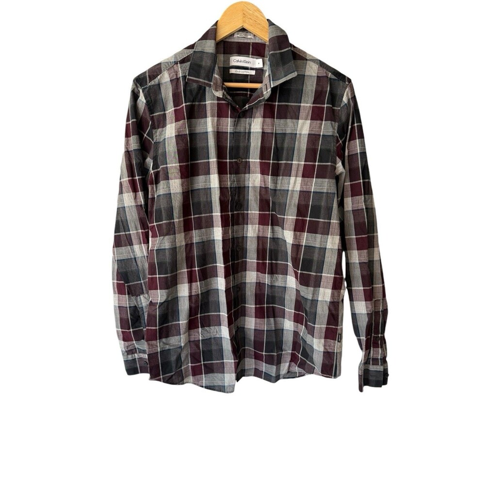 Calvin Klein Liquid Cotton Men’s M Plaid Button Down Shirt Gray Burgundy